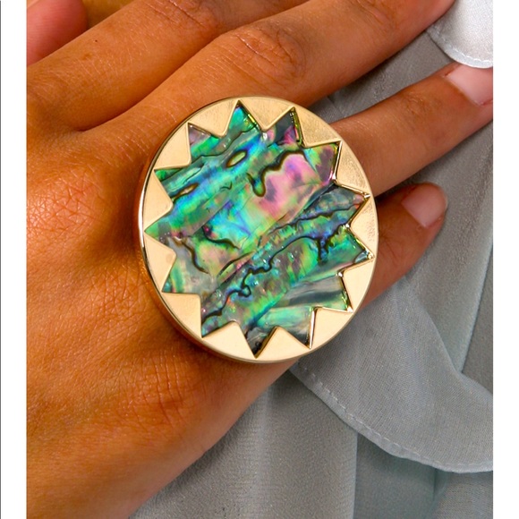 HOUSE of HARLOW 1960 gold sunburst abalone boho statement ring 5 6 - Picture 1 of 5